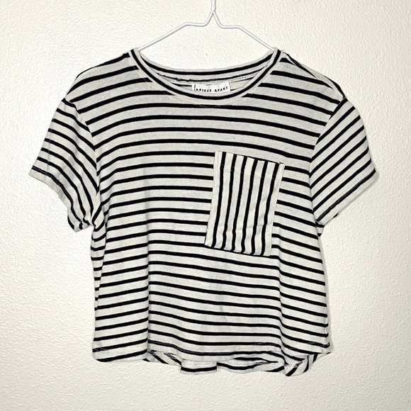 Apiece Apart | Easy Pocket Tee Striped Crop T-Shirt in Navy Cream - Picture 2 of 7